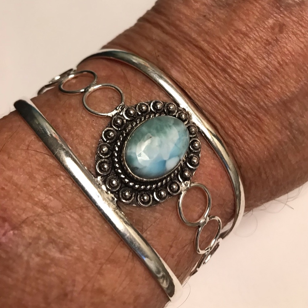 Larimar Stamped 925 Sterling Silver Cuff Bracelet